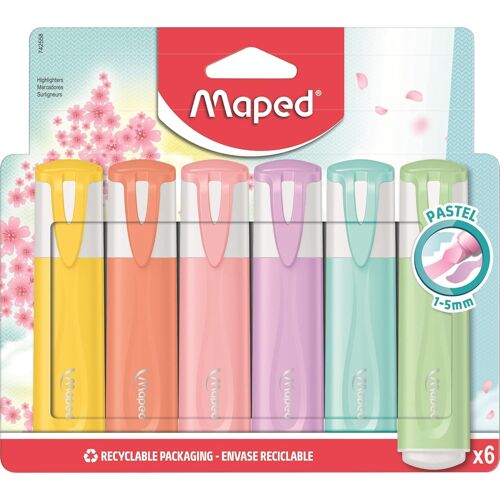 6 Fluo'peps Pastel Highlighters - Chisel Tip - Long-Lasting Highlighters For School And Professional Use - Soft Tip - 6 Assorted Colours, Pastel, 6
