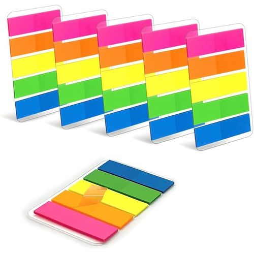 750 Marque-Page Autocollants Plastifiés 6 Pochettes De 5 Mini Blocs De 25 Feuillets Couleurs Néon 45x12 Mm Adhésifs Repositionnables