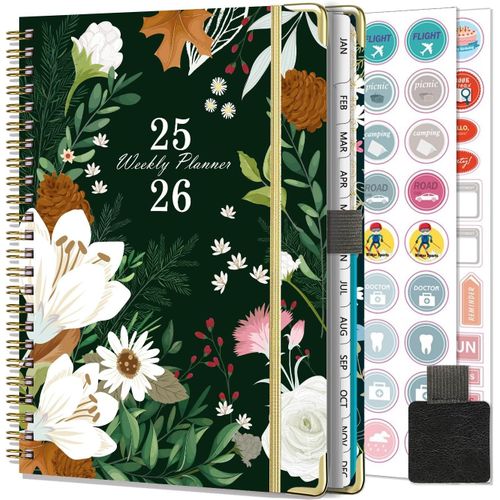 Teppc-Agenda 2025 2026 Semainier Spirale De Juillet 2025 - Juin 2026 (12 Mois) A5 Agenda Scolaire Avec Autocollants De Plan, Boucle De Stylo, Pochette (N80-Vert)