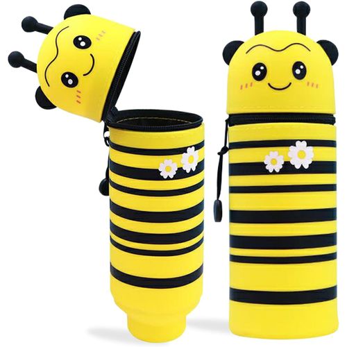 Trousse Ecole 2 En 1 En Silicone Souple, Trousse Silicone Verticale, Panda Pochette De Stylo, Fermeture À Glissière, Pour Fournitures Scolaires De Grande Capacité (Abeille)