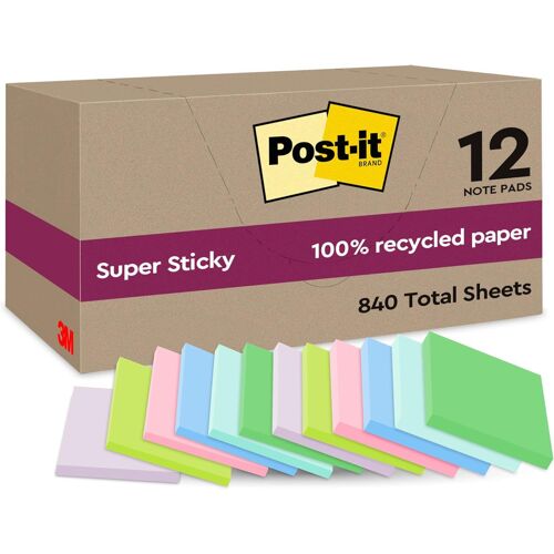 Jexnovashop-Post-It Notes Autocollantes Super Sticky, Recyclés, Pack De 12 Blocs, 70 Feuilles Par Bloc, 47.6 Mm X 47.6 Mm - Notes Autocollantes Fabriquées À Partir De Papier 100% Recyclé