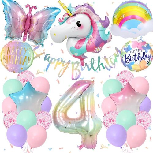 SJZG-4 Ans Decoration Anniversaire Licorne, Deco Anniversaire Pour Filles Avec Birthday Banner, 3D Licorne Papillon Foil Ballons, Grand Foil Number 4, Ballon Pastel Décoration Anniversaire 4 Ans Fill