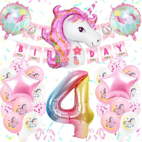 ChicSlick-4 Ans Licorne Décoration Anniversaire Fille, Ballon Avec Birthday Banner, 3D Licorne Foil Ballons, Grand Foil Number 4, Blanc Rose Décoration Bébé[X621]