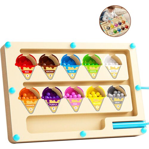 KAL-Jeux Montessori 2 3 4 Ans, Montessori Jeu Magnétique Labyrinthe À Partir De Jeu Educatif 2 3 4 Ans,Pour Enfants Jouet En Bois Couleurs Et Chiffres Jeux Éducatifs Cadeau (Crème Glacée)