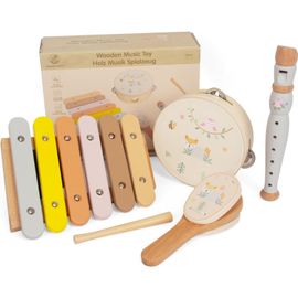 KALANKA-Montessori - Lot de 4 jouets musicaux en bois pour enfants de 3 ans - Tamburin, xylophone, flûte et fond de résonance - Jeu d'instruments