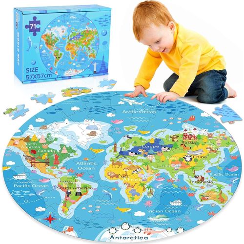 ERYI-Puzzle Rond Enfant, 71 Pièces Carte Du Monde Puzzle Enfant De 3 À 8 Ans, Jeux Éducatif Rond Jouet Pour Les Enfants De 3 Ans