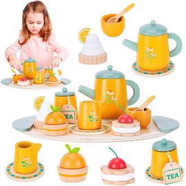 ERYI-Service À Thé En Bois Pour Enfants - 15 Pcs Tea Party Jeux De Rôle, Jouets Montessori, Accessoires De Cuisine Pour Filles Et Garçons 3-8 Ans