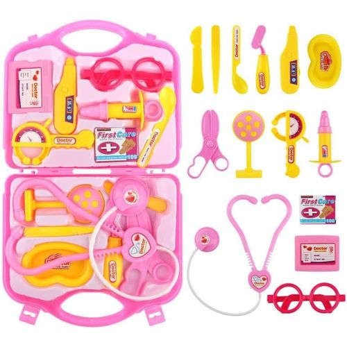 ERYI-Malette Docteur Enfant, 15Pcs Étui De Transport Docteur Accessoires Avec Stéthoscope, Thermomètre, Jouets De Jeu De Rôle De Docteur Cadeau De Jeu De Fête Pour Garçons Filles 3 Ans (Rose 2)