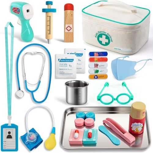 ERYI-Malette Docteur Enfant Jouet, Medecin Outils Avec Stéthoscope, Thermomètre, Seringue Infrarouge Et D¿Autres Accessoires En Bois, Jeu D'Imitation Cadeau Pour Fille Garçon Enfant 3 4 5 Ans
