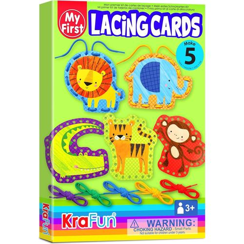 MDY-Kit de Cartes de Laçage Safari pour Enfants dès 3 Ans, 5 Projets Débutants (Lion, Singe, Éléphant), Instructions, Jouet Éducatif pour Motricité Fine