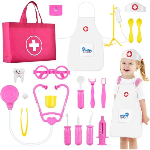 ERYI-34 Pièces Malette Docteur Enfant, Malette Docteur Enfant Jouet Avec Blouse De Médecin, Bonnet De Médecin, Stéthoscope, Seringue, Jouet Enfant 3+ Ans, Cadeau Pour Garçon Et Fille