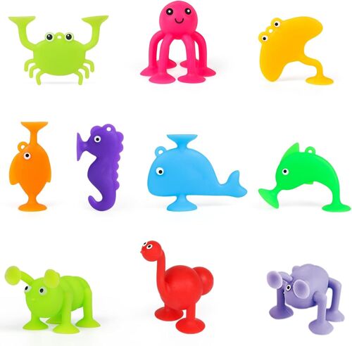 Ulteronixshop-Jouets à Ventouse Silicone pour Enfants, Jouets de Bain Animal Sucker Toys, 10 Pièces Jeu Fléchettes, Éducation Cadeau pour Garçons Filles de 3 4 5 Ans.