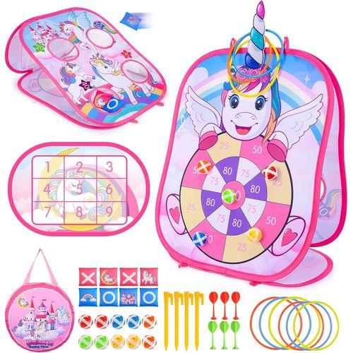 ERYI-5 En 1 Jeu De Fléchettes, Bean Bag Toss Game, Morpion, Jeu De Pitching Et Jeu De Lancer D'Anneaux, Jouet De Fête Intérieurs Et Extérieurs Garçon Fille Et Adulte