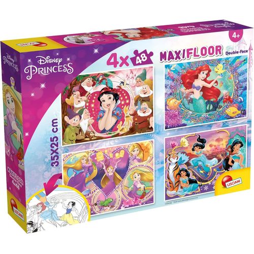 FEW-Lisciani - DISNEY PRINCESSES - 4 Puzzles pour Enfants dès 4 ans - 4 x 48 pièces - MaxiFloor 35x25 cm - Puzzles 2 en 1 - Double Face avec Verso à Colorier - Jeux Educatifs Favorisant la Concentrat