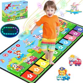 TDRFL-Tapis Musical 1 An Avec 80 Sons,Grand Piano Enfant Avec 10 Animaux Et 10 Voitures,Lumière Douce,Réglage Du Volume À 10+ Niveaux,Jouet Bebe 1 An Cadeau Garçons Filles 1 2 3 Ans (110Cm*45Cm)