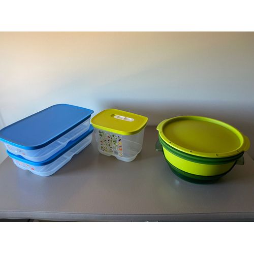 Vends lot de Tupperware : 1 cuiseur vapeur micro-ondes (sans ramequins et sans le livret de recettes) + 3 boîtes réfrigérateur VentilOfrais 1,8l (2 pour viandes et poissons + 1 pour fruits et légumes)