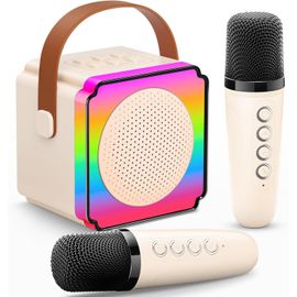 KALANKA-Micro Karaoke Enfant avec 2 Micro sans Fil, Cadeau Anniversaire Fille et Garçon 3-12 Ans, Micro Karaokeavec LED, Effets Vocaux et Carte Cadeau, Jouet Enfant pour Chanter-Beige