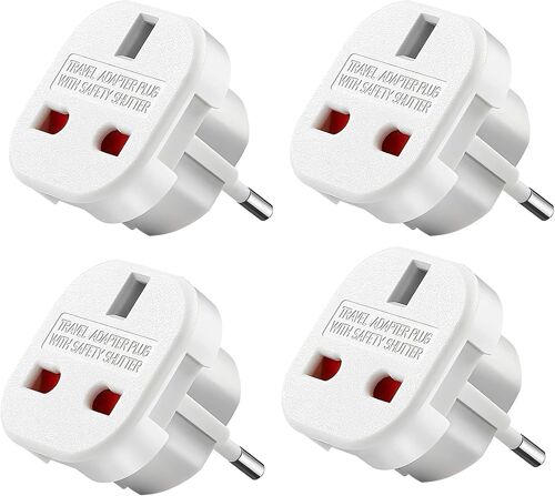 UK vers EU Adaptateur de Voyage, 4 Pcs Adaptateur Prise Anglaise vers France, Adaptateur de Prise UK vers Europe, pour l'Allemagne, l'Irlande, Les Pays-Bas, la Pologne, la Suède, Blanc