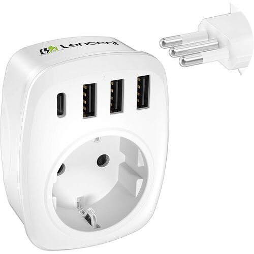 Adaptateur Prise Italien Chargeur Voyage Italie avec 3 USB et 1 Type-C, Europe FR 2 Broches vers US 3 Broches pour Italie, Chili, Saint-Marin, Vatican, Uruguay, Syrie, Érythrée, Libye Type L