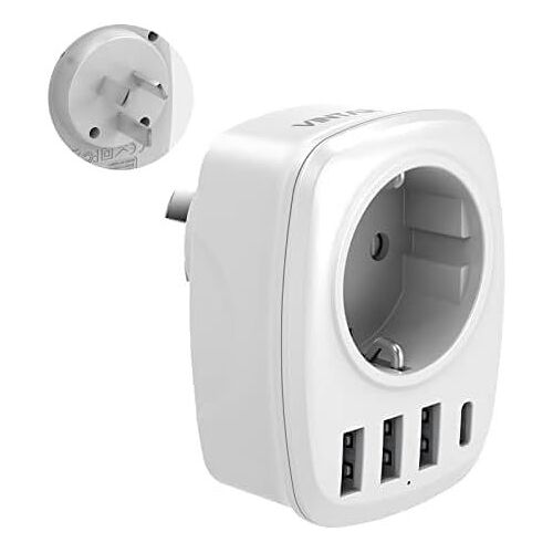 KALANKA-Adaptateur de Voyage France vers Australie, Adaptateur de Prise 5 en 1 avec 3 Ports USB et 1 Port USB-C adapté à l'Australie, la Chine, la Nouvelle-Zélande, Certification White-CE Type I