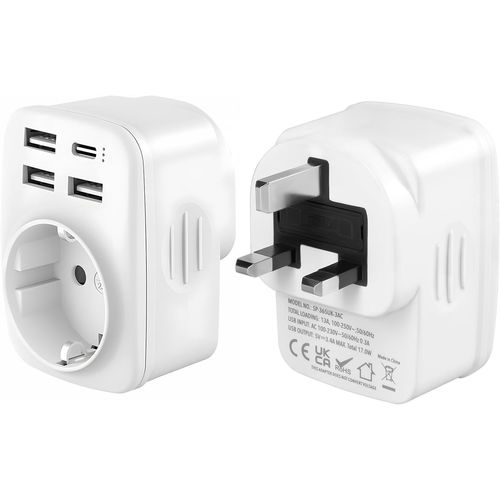Adaptateur Prise Anglaise, Prise Anglaise Adaptateur Francais avec 3 USB-A et 1 USB-C, Adaptateur Type G, Adaptateur UK, Adaptateur Prise Irlande, Prise Type G pour Angleterre Malte Malaisie