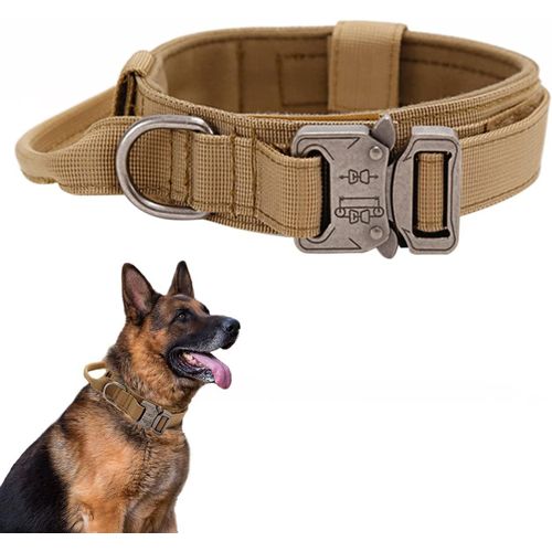 Collier De Chien Tactique - Militaire Collier Avec Poignée De Commande, Réglable Nylon Chien Rembourré Pour Chiens De Taille Moyenne Grand Entraînement (M, Brun)