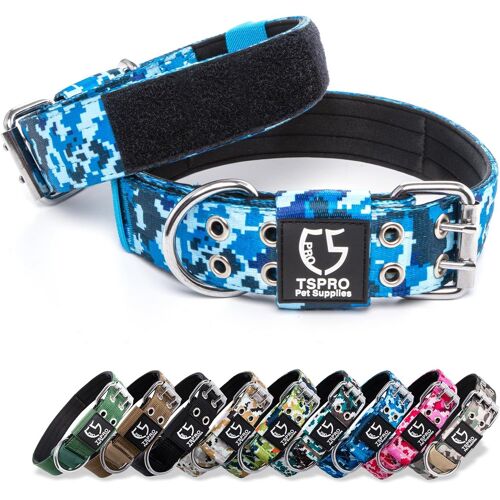 Collier Tactique Chien Avec Boucle En Métal Et Patchs, Reglable Collier De Chien Épais Et Solide Pour Chiens De Taille Moyenne À Grande (Camo Bleu M+)