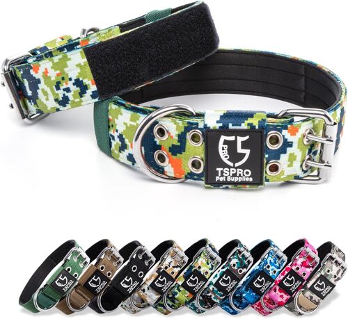 Collier Tactique Chien Collier Chien Avec Boucle En Métal Et Patchs, Reglable Collier De Chien Épais Et Solide Pour Chiens De Taille Moyenne À Grande (Camo Vert M+)