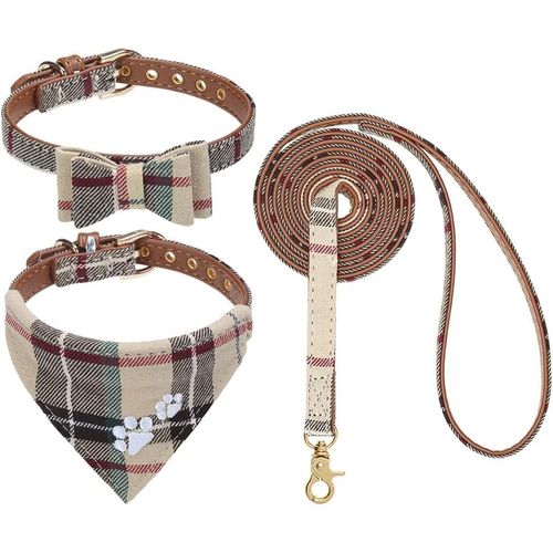 Eryi-Ensemble Collier Et Laisse Pour Chien \U2013 Collier Classique À Carreaux Pour Chien Avec N?ud Papillon Et Collier Bandana À Motif De Pattes, Sans N?uds, Colliers Réglables Pour Chiens De Petite