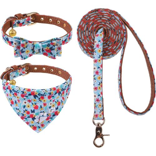 Eryi-Ensemble Collier Et Laisse Pour Chiot - Motif Floral À Broder - N?ud Papillon Et Bandana - Avec Clochette Pour Chiens
