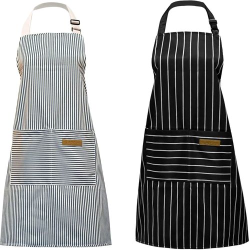 Tianyi-Tabliers De Cuisine, 2 Pièce Grille Rayée Coton Tablier Réglable Avec Poches Pour Cuisson Jardinage Peinture, Tablier De Chef Pour Cuisine Restau Jardin(Noir, Bleue)