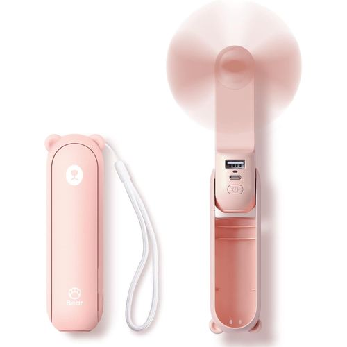 Mini ventilateur portable 3 en 1, rechargeable, à piles (autonomie de 14 à 21 heures), avec batterie externe et lampe torche - Rose