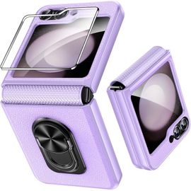 Kal-Coque Pour Samsung Galaxy Z Flip 7 Fe/Z Flip 6 Avec Protection D'écran Arrière & Charnière,Anneau Rotatif À 360 ° Etui,Antichoc Housse Case Cover Galaxy Z Flip 7 Fe/Z Flip 6,Violet