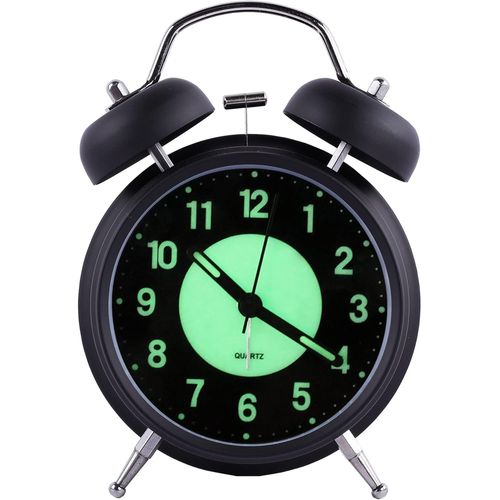 CMJAAGUR-Réveil Lumineux De 4 Pouces, Double Cloche Analogique Rétro Sans Tickets En Quartz Avec Alarme Sonore Et Lumière De Nuit, Boîtier En Métal (Noir)[M518]