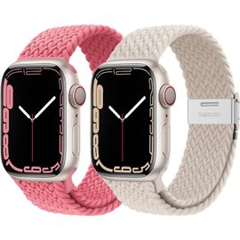 Lot De 2 Bracelets Tressés Pour Apple Watch Séries 8/7 45 Mm 41 Mm 6 5 4 Se 40 Mm 44 Mm Homme/Femme, Boucle Simple En Nylon Élastique Pour Apple Watch Ultra 49 Mm Sport (Stellaire/Rose)