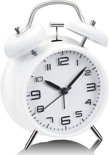 Réveil double cloche avec veilleuse - Rétro, pour enfant - Analogique, avec grand cadran de 10,16 cm - Silencieux, sans tic-tac (blanc)