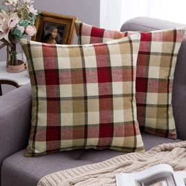 Lot De 2 Housses De Coussin Décoratives À Carreaux, Style Tartan, Lin, Style Rustique, Pour Décoration D'automne, Banc, Canapé, Voiture, Chambre À Coucher, Rouge Et Beige, 45,7 X 45,7 Cm