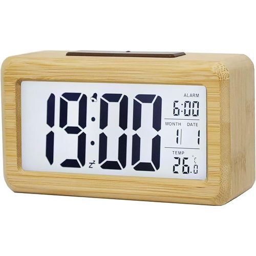 Réveil numérique en bois, grand écran LED, veilleuse à capteur intelligent, fonction répétition et température, fonctionne à piles, réveil cubique pour chambre à coucher, bureau, chevet