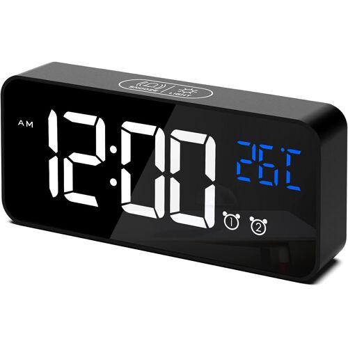 Réveil Numérique, Horloge Numérique LED reveil Matin Digital Aver Température/Snooze/ 2 Alarme/12/24 Heures/Port de Recharge USB/10 musiques