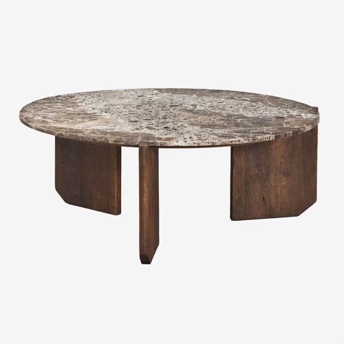 Table basse ronde en pierre naturelle et bois de manguier Lavinia Bois Foncé Ø85 cm