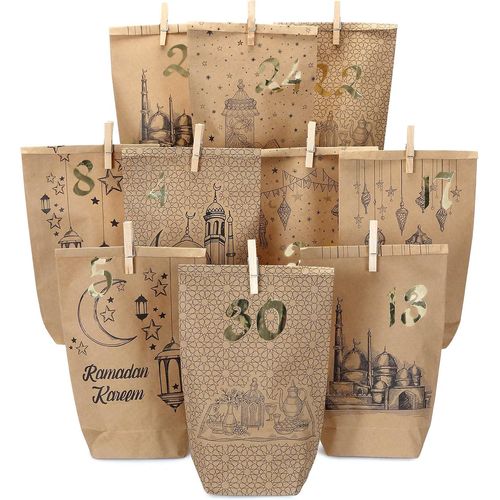 Tianyi-Diy Calendrier Du Ramadan À Remplir - Sacs En Papier Kraft Imprimés - 30 Sacs Cadeaux À Poser Et À Décorer - Eid Mubarak - Réutilisable