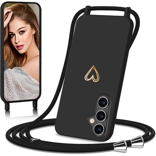 TIANYI-Coque pour Samsung Galaxy S24 FE avec CordonDesign coeur doré - Fine - Anti-Chocs - avec Cordon Amovible à Porter Autour du Cou - en Silicone Liquide Housse pour Samsung S24 FE - Noir