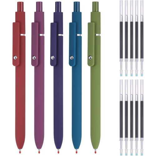 Aesthetic Ballpoint Pens, 5 X Gel Ink Rollerball Pens With 10 Extra Refills, 0.5 Mm Rollerball Pens, Black Liquid Ink Rollerball Pen For School, Home, Office (B)