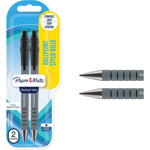 Paper Mate Flexgrip Ultra Stylo Bille Rétractable | Pointe Moyenne (1,0 Mm) | Encre Noire | Lot De 2