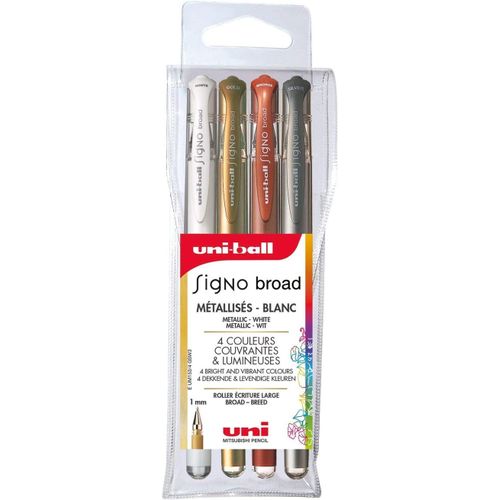 Asfasfq-Mitsubishi Pencil - 4 Stylos Rollers Encre Gel - Uni-Ball Signo Broad - Pointe 1 Mm - Écriture Large - Roller Créatif Pour Carterie Et Loisirs Créatifs - Or, Argent, Blanc, Bronze