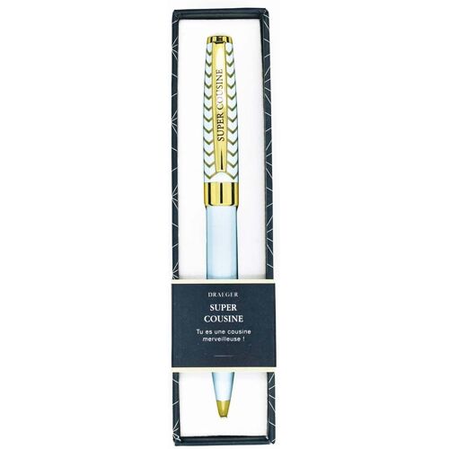 Stylo Bille Retractable ""Super Cousine"", Bleu Ciel Et Or, Boite Cadeau