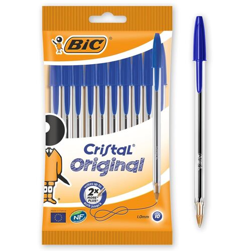 Bic Ecriture Cristal Ballpoint Pens Medium Tip (1 Mm) - Blue Ink - Pack Of 10