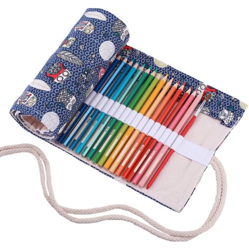 Tianyi-Trousse Enroulable Crayon, Pliable Rangement En Tissu Pour 48 Crayons De Couleur, Bleu Hibou