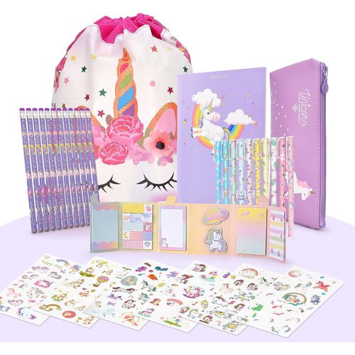 Licorne Jouet pour Fille 6 7 8 9 10 11 12 Ans,Cadeau de Papeterie pour Filles,Comprennent Trousse et Crayons et Sacs de Cordon et Autocollants et Carnet,Violet