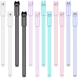 Tianyi-12 Pcs Stylos À Encre Gel 0.5mm Noir Stylo À Bille En Plastique Stylo Chat Mignon Multicolore, Motif Chat Mignon, Écriture Lisse, Papeterie Pour Ecole Bureau